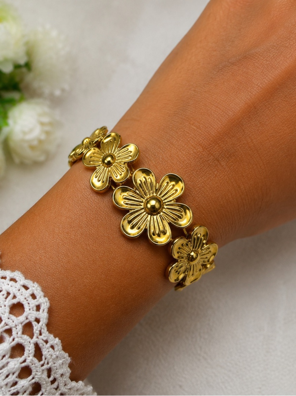 Gold Tone Stainless Steel Floral Cuff Bracelet Open Daisy Boho Bangle